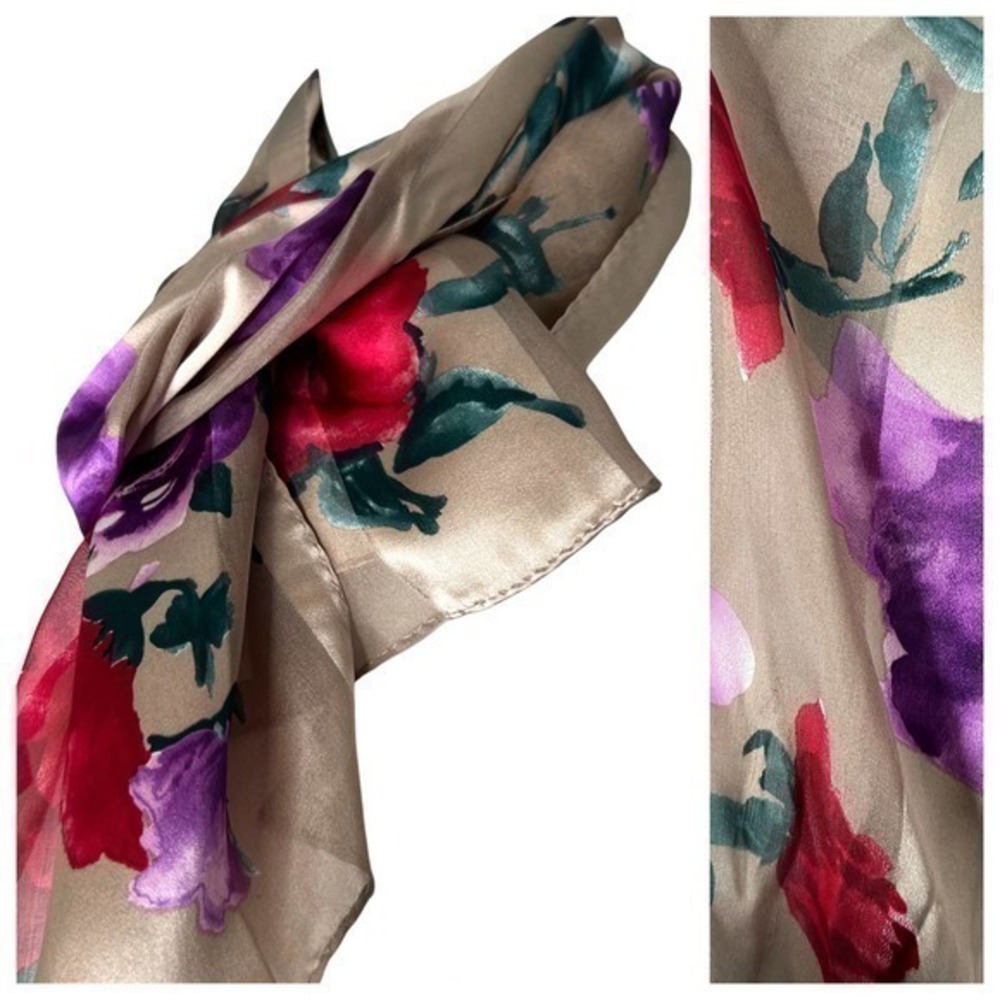 NWT Jacqueline Ferrar vintage 100% silk tan brown floral print scarf accessory